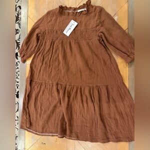 Cozy Brown Kids Dress with Ruffled Neckline